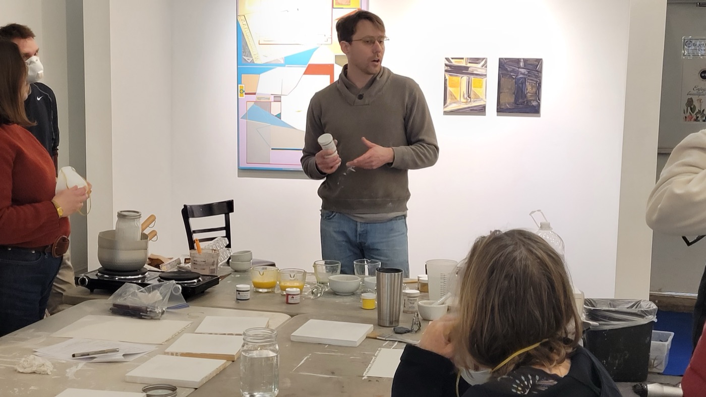 Jan Dickey leading a tempera workshop