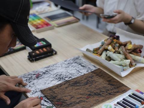 Drawing with pastels on paper — Material Lab × AI Archiving, July 8, 2026