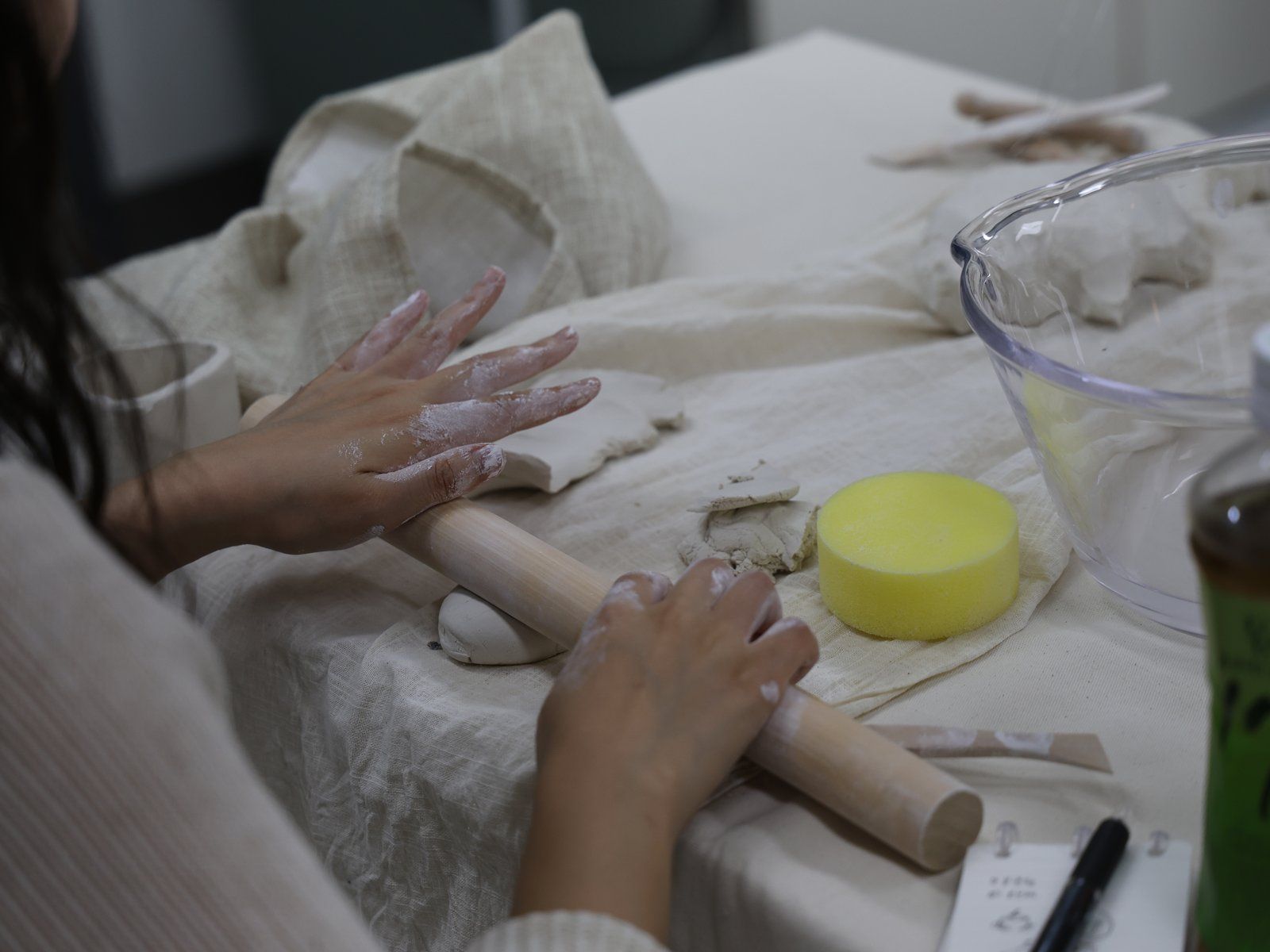 Rolling clay with a wooden pin — Material Lab × AI Archiving, July 8, 2026