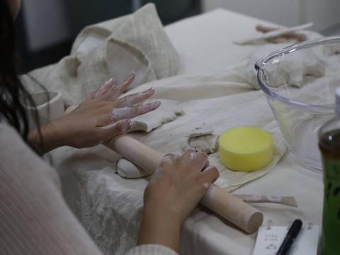 Rolling clay with a wooden pin — Material Lab × AI Archiving, July 8, 2026