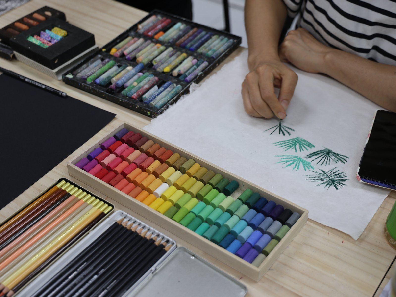 Pastel drawing — pine leaves study — Material Lab × AI Archiving, July 8, 2026