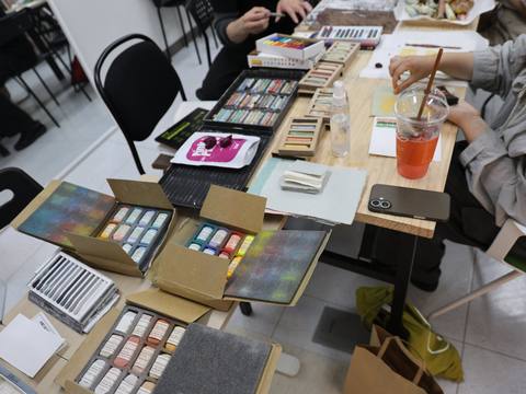 Materials laid out for drawing — Material Lab × AI Archiving, July 8, 2026