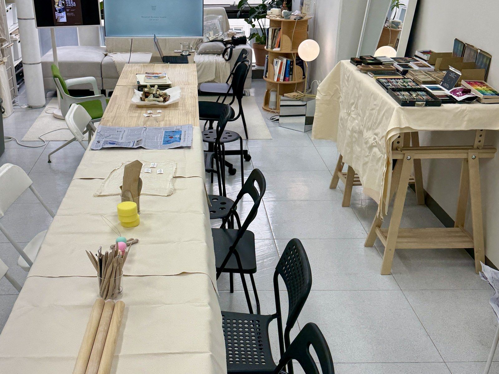 Materials and studio setup before the session — Material Lab × AI Archiving, July 15, 2026